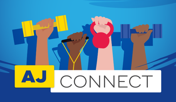 Graphic of hands holding various gym equipment and weights.