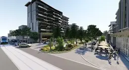 a street with trees and people in front of a building