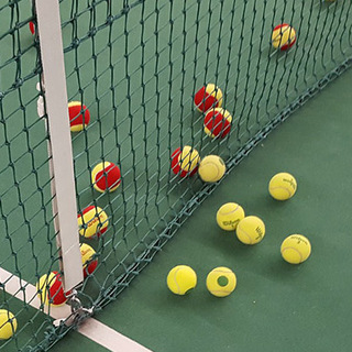 a group of tennis balls in a net