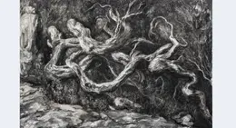a black and white drawing of a twisted tree