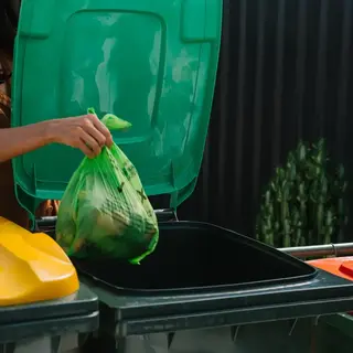 Food scraps in a green compostable bag being placed into a green‑lid FOGO bin, with other household bins nearby
