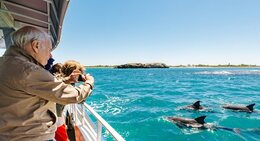a man and child on a boat with dolphins in the water