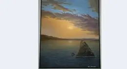 a painting of a rock in the water