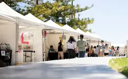 a group of people walking in a line
