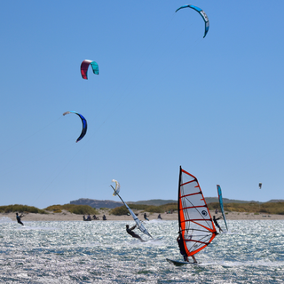 Kitesurfers and windsurfers on the water.