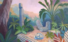 Painting with tree, leaves and broken statue