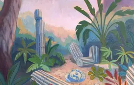 Painting with tree, leaves and broken statue