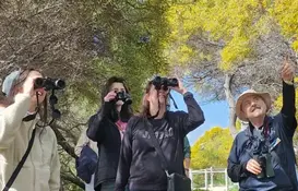 a group of people looking through binoculars