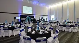 a room with tables and chairs